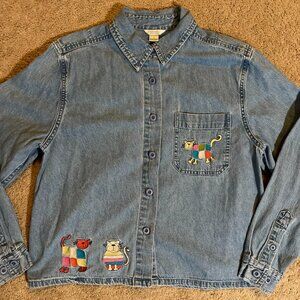 Christopher & Banks Shirt Womens M Blue Denim Embroidered Cats Patchwork Vintag